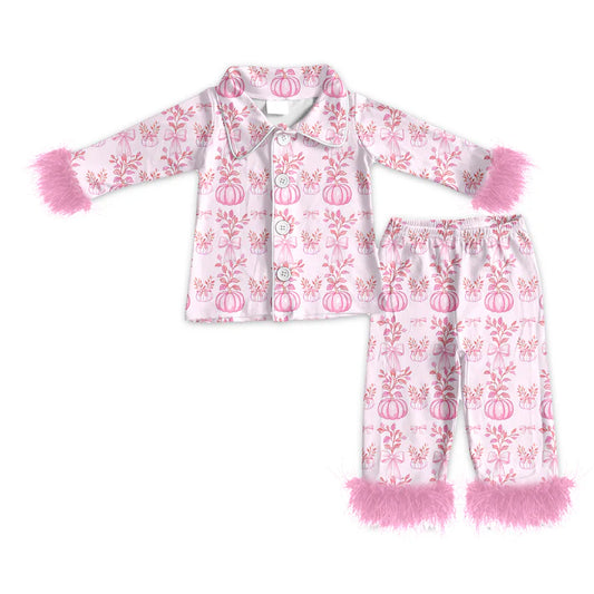 Preorder (moq 5)Baby Girls Pink Long Sleeves With Fur Button Pumpkins Floral Top Pant Pajamas Set 5.19