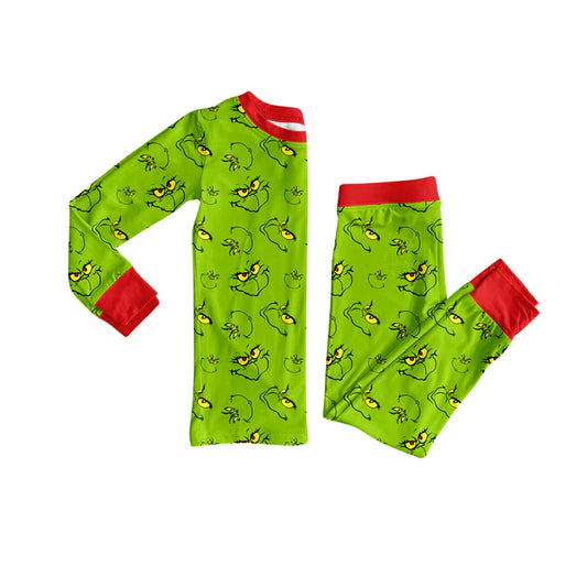 Preorder (moq 5)Baby Girls Green Face Plaid Top Pant Christmas Pajamas Set 8.4