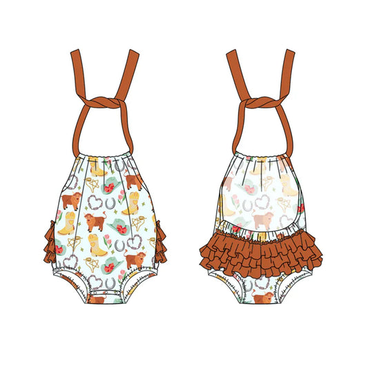 Preorder(moq 5)Baby Infant Girls Brown Strap Highland Cows Hats Bubble Ruffle Rompers 5.15