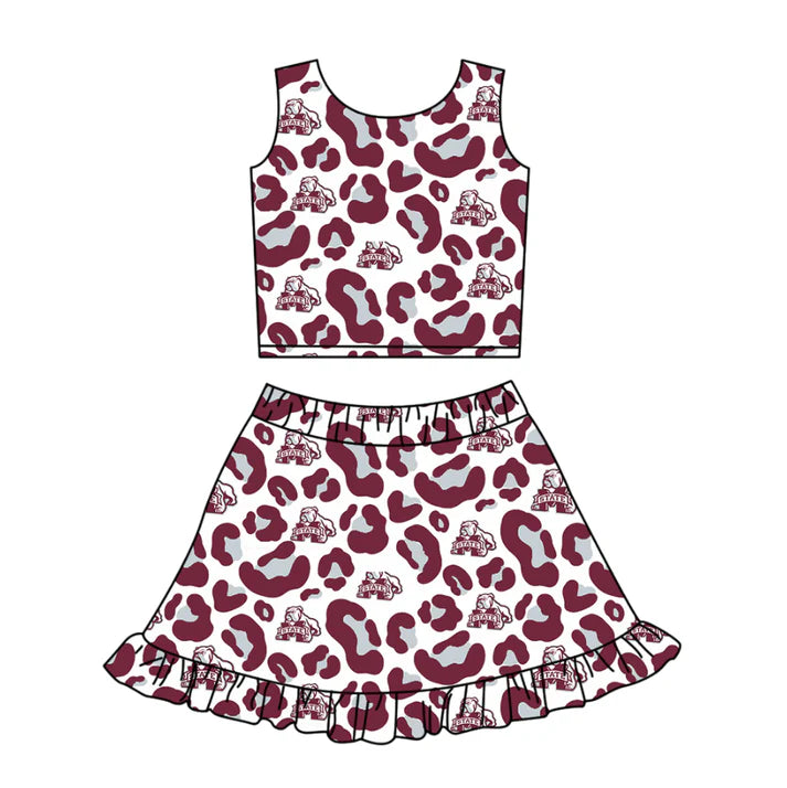 Preorder (moq 5)Baby Girls Red Leopard M State Vests Ruffle Skirt Shorts Team Clothes Set 1.10