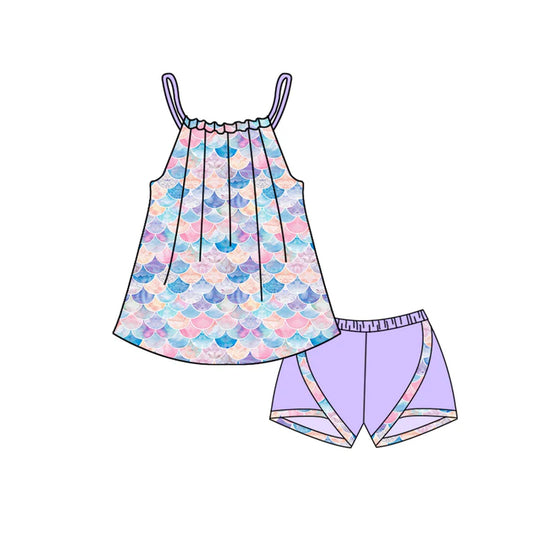 Preorder moq 5 Baby Girls Lavender Strap Mermaid Shell Tunic Ruffle Shorts Set 4.15