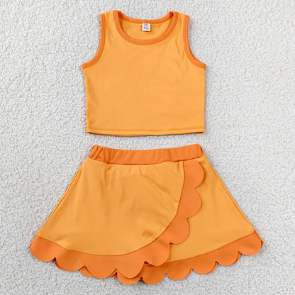 Baby Girls Clothes Orange Vest Scallop Skirt Short Yoga Active Clothes Set GSD4081