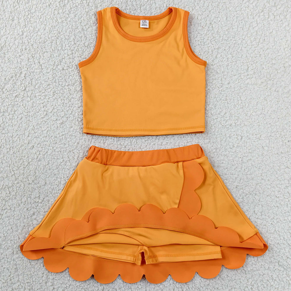 Baby Girls Clothes Orange Vest Scallop Skirt Short Yoga Active Clothes Set GSD4081