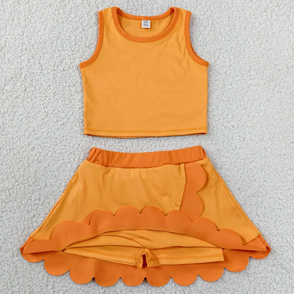 Baby Girls Clothes Orange Vest Scallop Skirt Short Yoga Active Clothes Set GSD4081