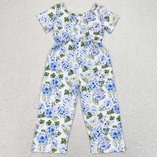 Baby Girls Jumpsuits Blue Flowers Short Sleeve Pockets Pants Jumpsuits SR1846