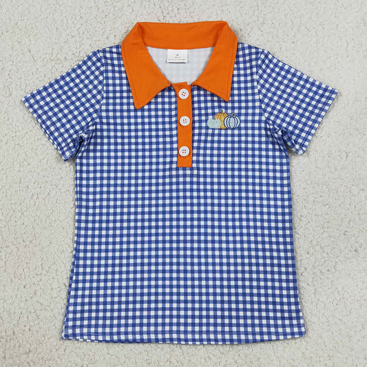 Baby Boys Clothes Embroidery Pumpkins Hot Blue Checked Fall Button Polo Shirts Top BT1892