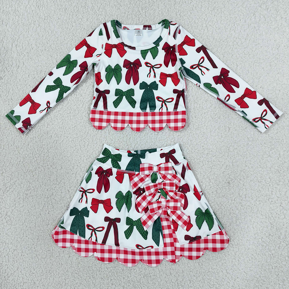 Baby Girls Clothes Green Red Bows Top Bows Skirt Short Christmas Yoga Active Scallop Clothes Set GLD1677