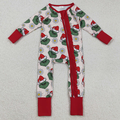 Baby Girls Rompers Green Face Flowers Ruffle Zipper Christmas Rompers LR2489 9.2