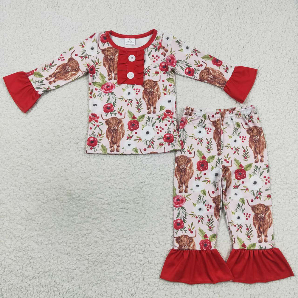 Hot Sale Girls Pajamas Cow Flower Print Boutique Sleepwear GLP0665