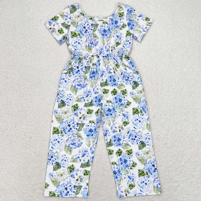 Baby Girls Jumpsuits Blue Flowers Short Sleeve Pockets Pants Jumpsuits SR1846