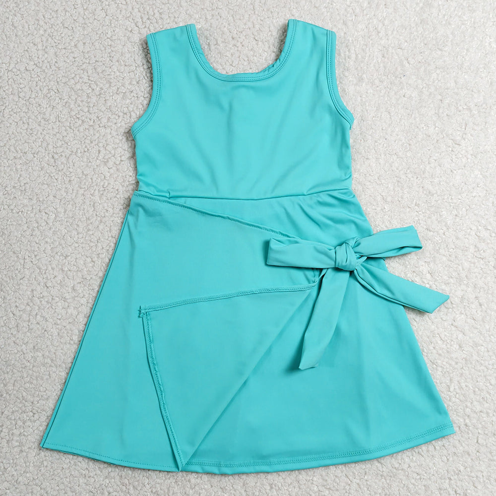 Baby Girls Dress Blue Aqua Sleeveless Bows Yoga Active Short Knee Length Dress GSD3876