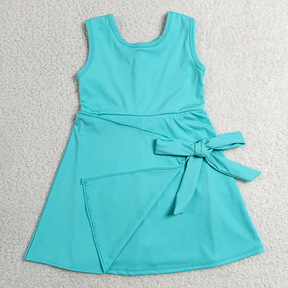 Baby Girls Dress Blue Aqua Sleeveless Bows Yoga Active Short Knee Length Dress GSD3876