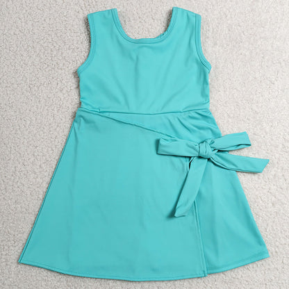 Baby Girls Dress Blue Aqua Sleeveless Bows Yoga Active Short Knee Length Dress GSD3876