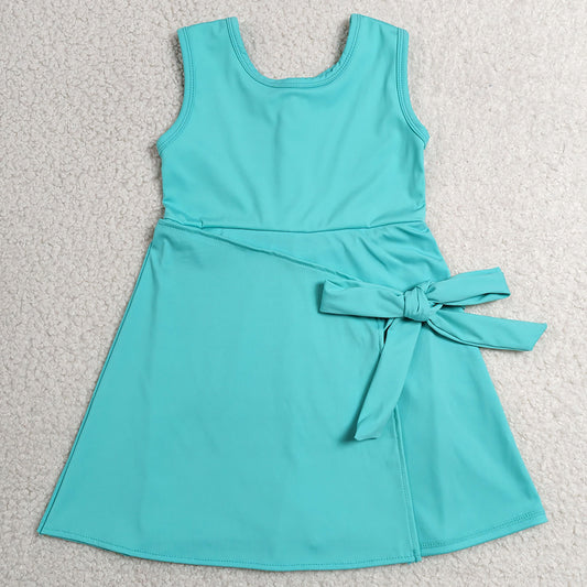 Baby Girls Dress Blue Aqua Sleeveless Bows Yoga Active Short Knee Length Dress GSD3876