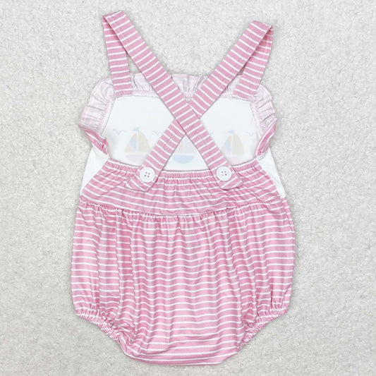 Baby Infant Girls Rompers Pink Stripes Sailboat Straps Summer Rompers SR1058