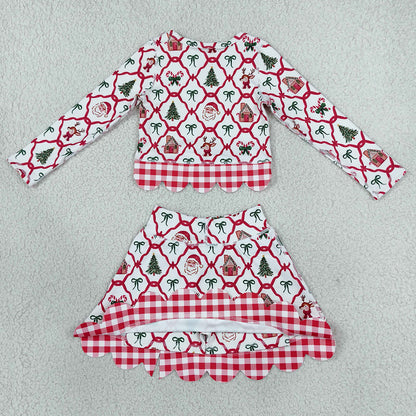 Baby Girls Clothes Gingerbread Bows Top Bows Skirt Short Christmas Yoga Active Scallop Clothes Set GLD1676
