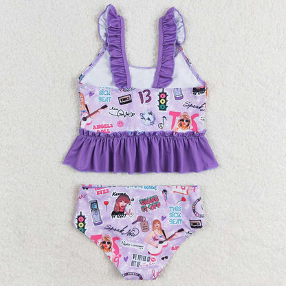Baby Girls Swimsuits Purple Sleeveless Ruffle Top Bummies 2pcs Swimsuits S0389