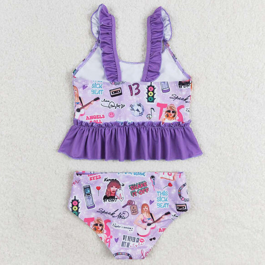 Baby Girls Swimsuits Purple Sleeveless Ruffle Top Bummies 2pcs Swimsuits S0389