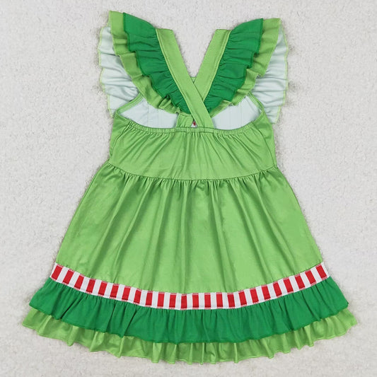 Baby Girls Dress Christmas Green Hearts Bows Ruffle Knee Length Dresses GSD1356