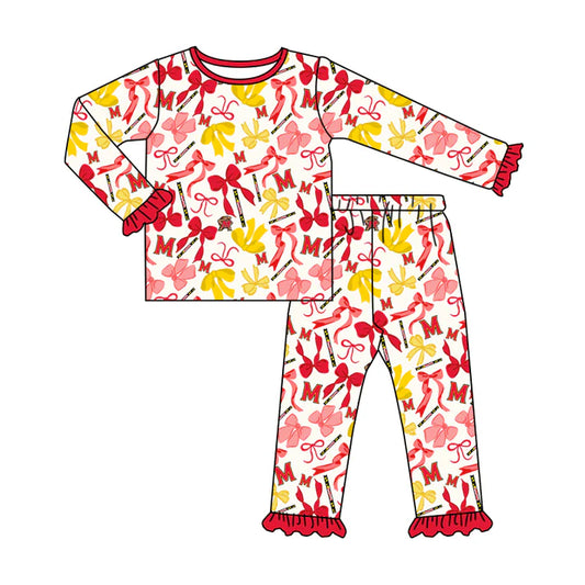 Preorder MOQ 5 Long sleeves M red yellow bow kids girls team pajamas 8.25