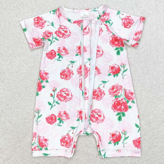 Baby Infant Girls Rompers Bright Pink Flowers Zip Short Sleeve Rompers SR1768