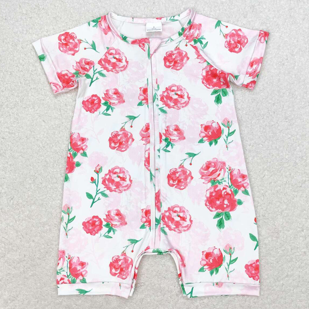 Baby Infant Girls Rompers Bright Pink Flowers Zip Short Sleeve Rompers SR1768