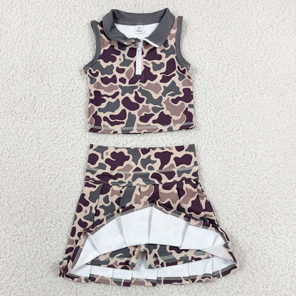 Baby Girls Clothes Brown Camo Zip Vest Pleated Skirt Short Yoga Active Clothes Set GSD3969
