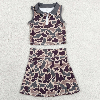 Baby Girls Clothes Brown Camo Zip Vest Pleated Skirt Short Yoga Active Clothes Set GSD3969