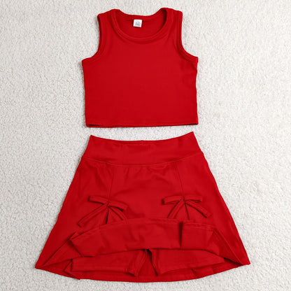 Baby Girls Clothes Red Vest Top Bows Skirt Shorts Yoga Active Clothes Sets GSD3759