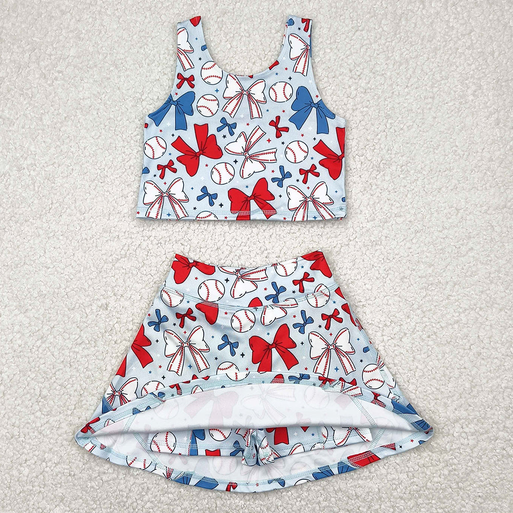 Baby Girls Clothes 4th Of July Bows Baseball Yoga Vest Skort Active Wear Sets GSD2151 4.10