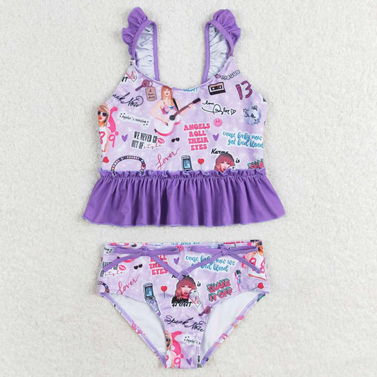 Baby Girls Swimsuits Purple Sleeveless Ruffle Top Bummies 2pcs Swimsuits S0389