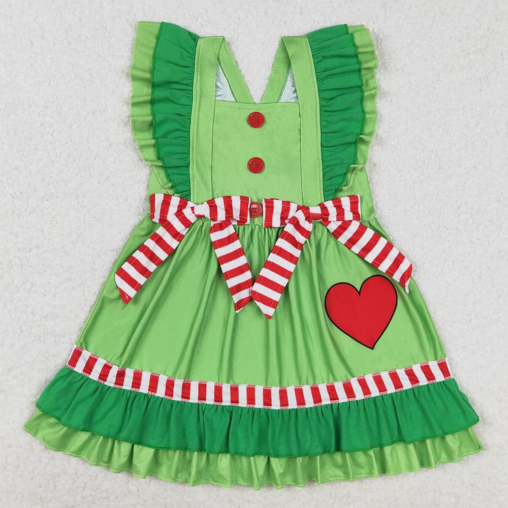 Baby Girls Dress Christmas Green Hearts Bows Ruffle Knee Length Dresses GSD1356