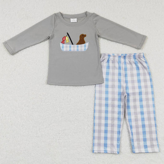 Kids Boys Clothes Dog Fishing Embroidery Boutique Outfits BLP0350