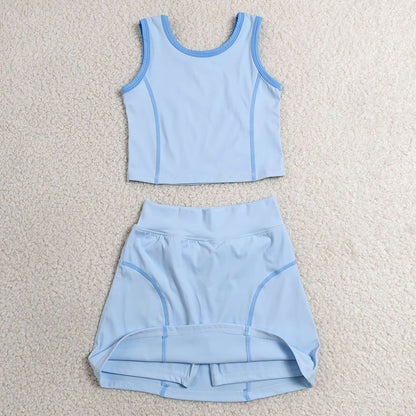 Baby Girls Clothes Blue Sleeveless Vest Top Skirt Short Yoga Active Clothes Set GSD2674