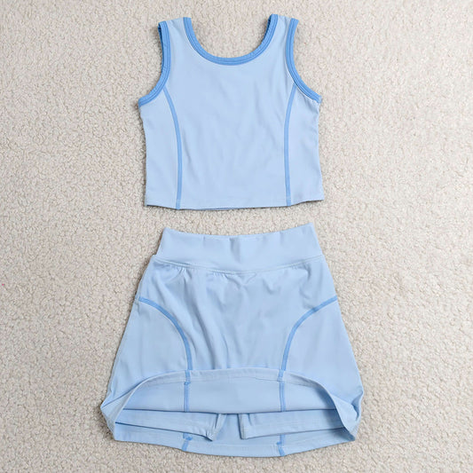 Baby Girls Clothes Blue Sleeveless Vest Top Skirt Short Yoga Active Clothes Set GSD2674