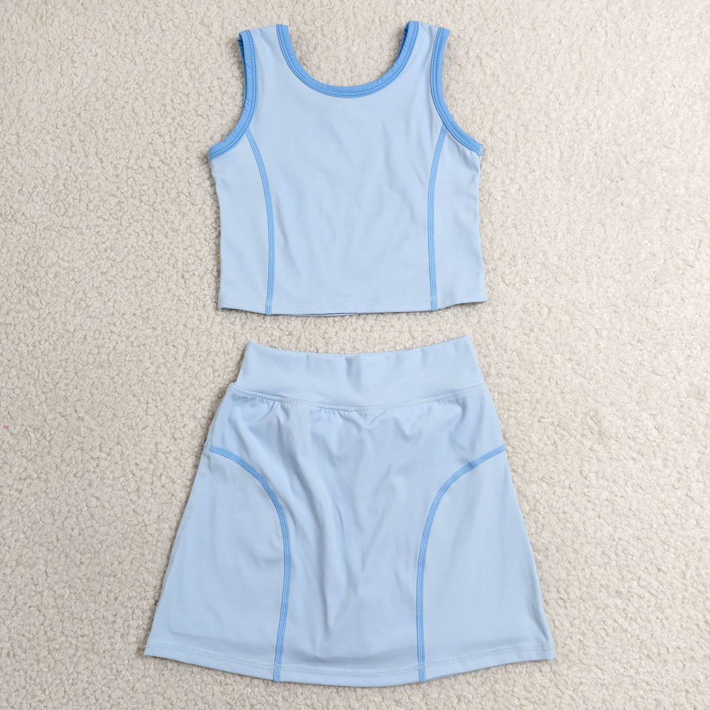 Baby Girls Clothes Blue Sleeveless Vest Top Skirt Short Yoga Active Clothes Set GSD2674