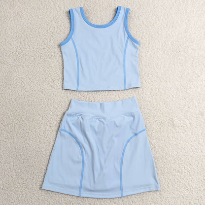 Baby Girls Clothes Blue Sleeveless Vest Top Skirt Short Yoga Active Clothes Set GSD2674