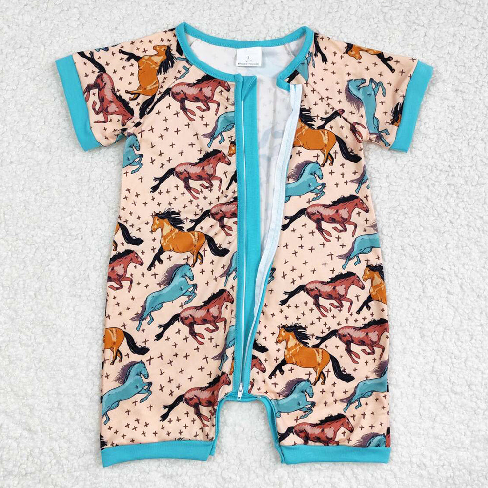 Baby Infant Boys Rompers Western Horse Short Sleeve Zip Rompers SR0934