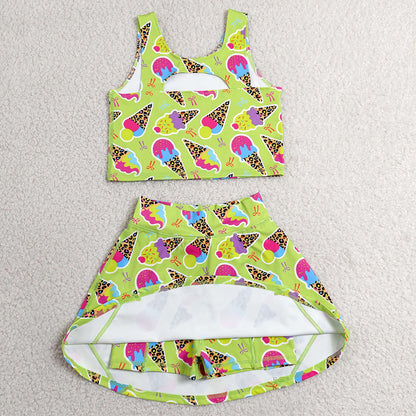 Baby Girls Clothes Colorful Leopard Ice Creams Vest Top Skirt Shorts Yoga Active Clothes Set GSD2520