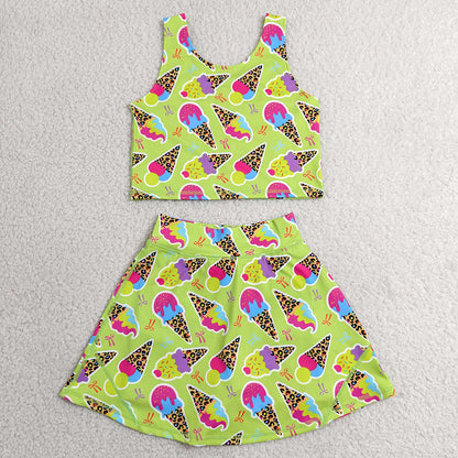 Baby Girls Clothes Colorful Leopard Ice Creams Vest Top Skirt Shorts Yoga Active Clothes Set GSD2520