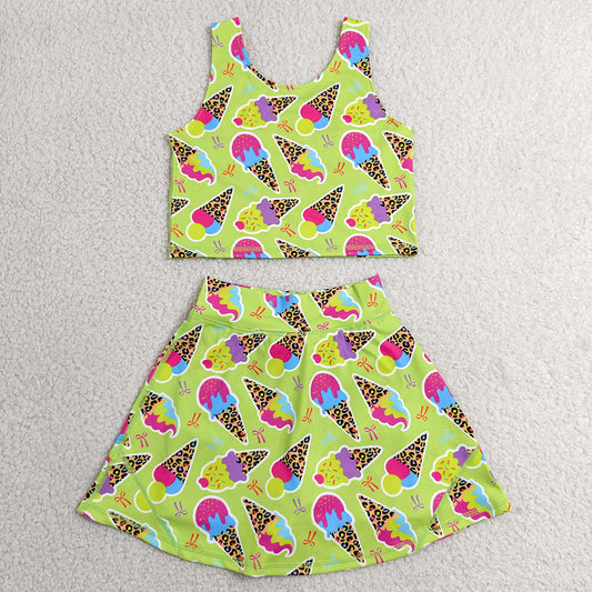 Baby Girls Clothes Colorful Leopard Ice Creams Vest Top Skirt Shorts Yoga Active Clothes Set GSD2520
