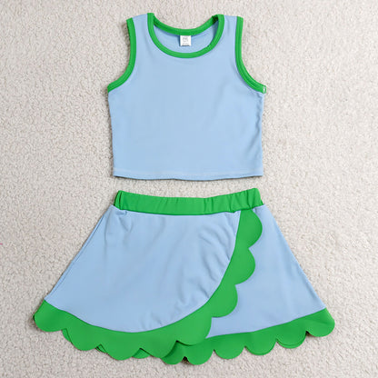 Baby Girls Clothes Blue Green Vest Scallop Skirt Shorts Yoga Active Clothes Set GSD4021
