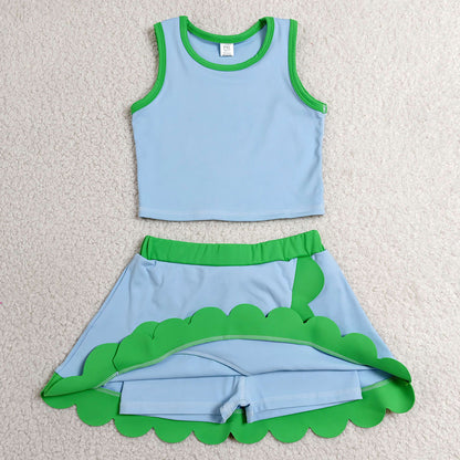 Baby Girls Clothes Blue Green Vest Scallop Skirt Shorts Yoga Active Clothes Set GSD4021