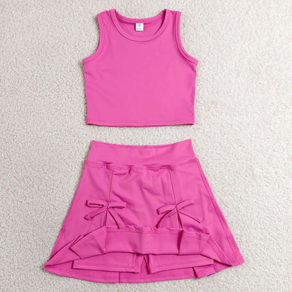 Baby Girls Clothes Hot Pink Vest Top Bows Skirt Shorts Yoga Active Clothes Sets GSD3758