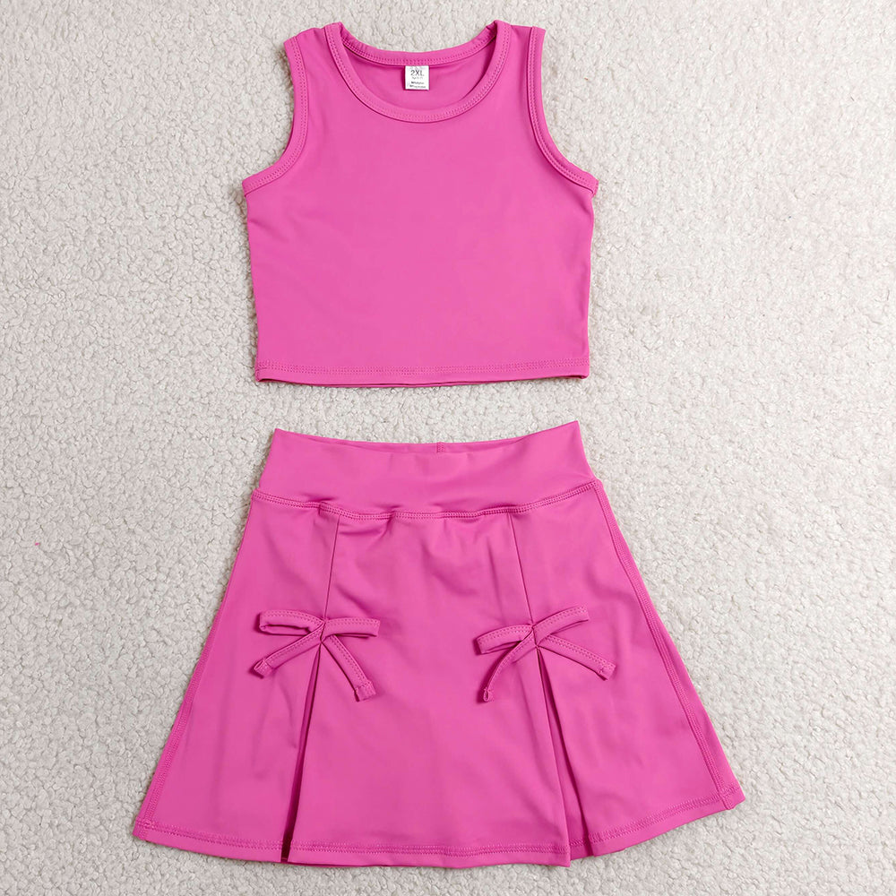 Baby Girls Clothes Hot Pink Vest Top Bows Skirt Shorts Yoga Active Clothes Sets GSD3758