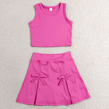 Baby Girls Clothes Hot Pink Vest Top Bows Skirt Shorts Yoga Active Clothes Sets GSD3758