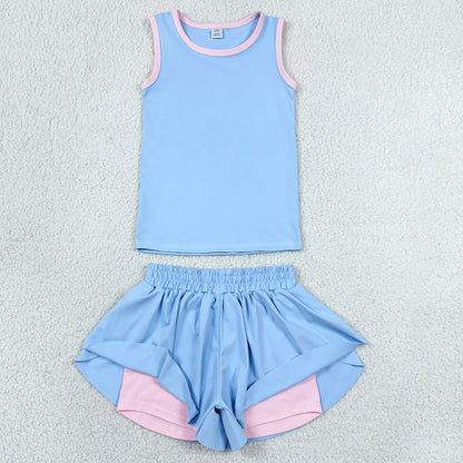 Baby Girls Clothes Blue Sleeveless Vests Top Butterfly Short Yoga Active Clothes Set GSSO3527