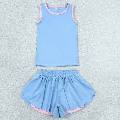 Baby Girls Clothes Blue Sleeveless Vests Top Butterfly Short Yoga Active Clothes Set GSSO3527