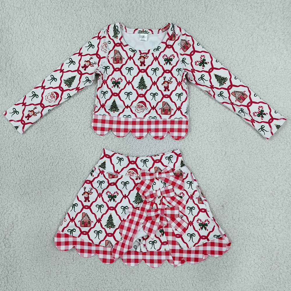 Baby Girls Clothes Gingerbread Bows Top Bows Skirt Short Christmas Yoga Active Scallop Clothes Set GLD1676