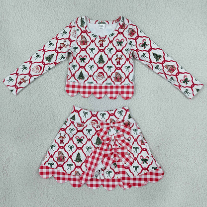 Baby Girls Clothes Gingerbread Bows Top Bows Skirt Short Christmas Yoga Active Scallop Clothes Set GLD1676